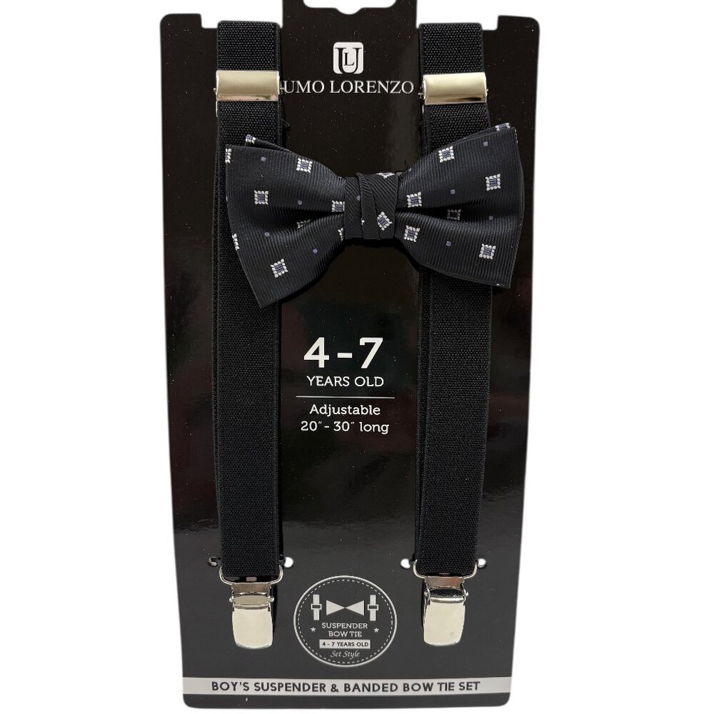 Bow Tie and Suspender Set - Boys 4-7 YRS - NWT - Black W/ Silver Squares